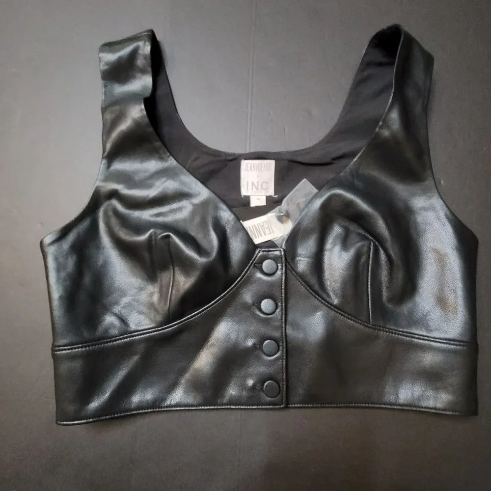 Jeannie Mai x INC Faux Leather Sleeveless Crop Top Size 10 Corset Black Bustier